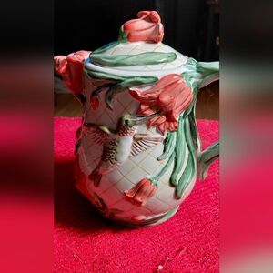 Hummingbird and Floral Ceramic Pitcher